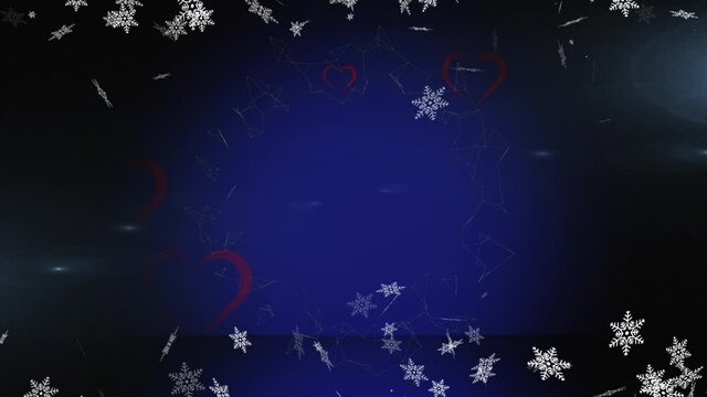 Animation of snow falling over heart icons