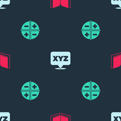 Set Open book, XYZ Coordinate system and on seamless pattern. Vector