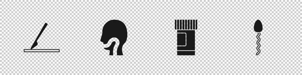 Set Medical surgery scalpel, Sore throat, Medicine bottle and pills and Sperm icon. Vector