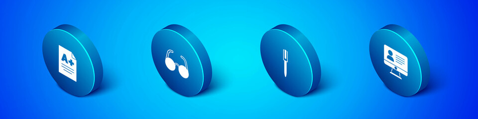 Set Isometric Exam sheet with A plus grade, Pen, Online class and Glasses icon. Vector