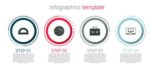 Fototapeta premium Set Protractor grid, Basketball ball, Briefcase and Online class. Business infographic template. Vector