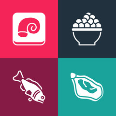 Set pop art Mussel, Fish, Caviar and Octopus on plate icon. Vector