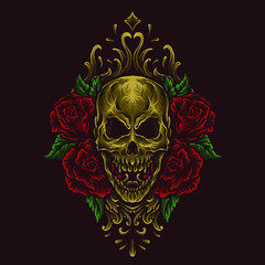 artwork illustration and t shirt design skull and rose engraving ornament