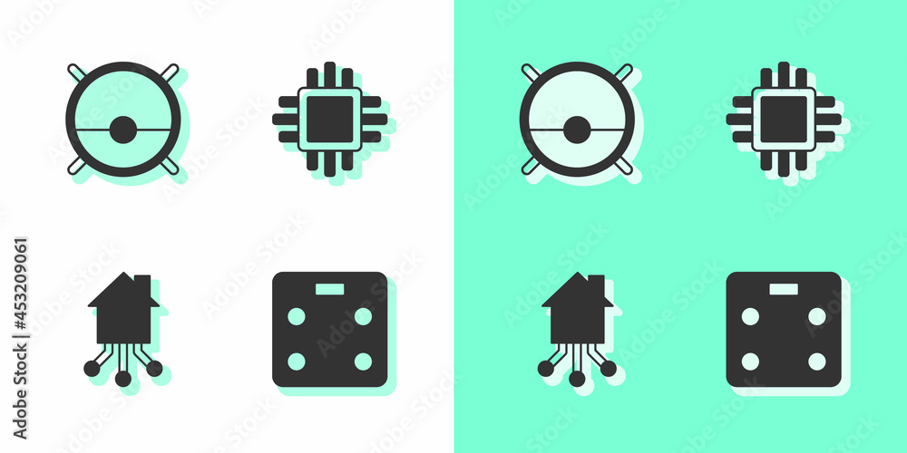 Poster set smart bathroom scales, robot vacuum cleaner, home and processor with cpu icon. vector