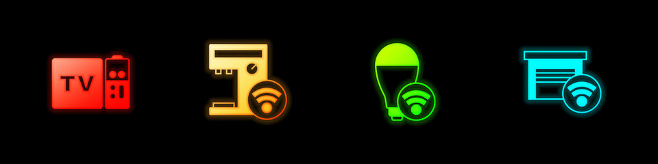 Set Multimedia and TV box receiver, Smart coffee machine, light bulb and garage icon. Vector