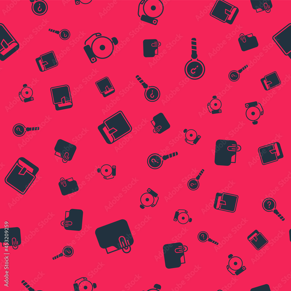 Poster set document folder with clip, ringing alarm bell, book and unknown search on seamless pattern. vect