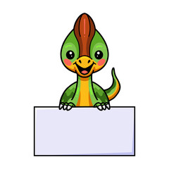 Cute little parasaurolophus dinosaur cartoon with blank sign