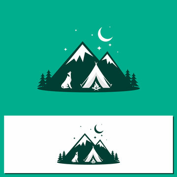 Illustration design night camp with mountain landscape