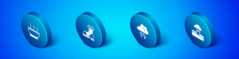 Set Isometric Bowl of hot soup, Storm, Mushroom and Waterproof rubber boot icon. Vector