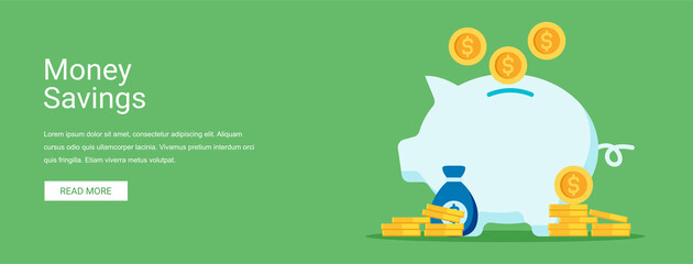 Money and savings vector illustration banner concept in flat style. Suitable for web banners, social media, postcard, presentation and many more.