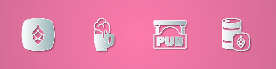 Set paper cut Hop, Glass of beer, Street signboard with Pub and Metal keg icon. Paper art style. Vector