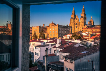 Window Evening Sunset View of Buildings in Santiago de Compostela Old Historic Center and the UNESCO World Heritage Cathedral on the Way of St James Pilgrim Trail Camino de Santiago