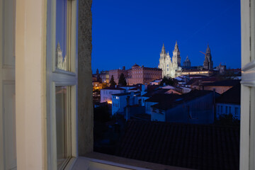 Window Night Blue Hour View of Buildings in Santiago de Compostela Old Historic Center and the...
