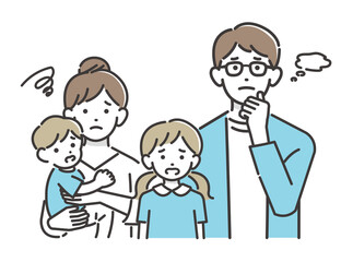 困った顔の若い家族のベクターイラスト素材／シンプル／子供／夫婦