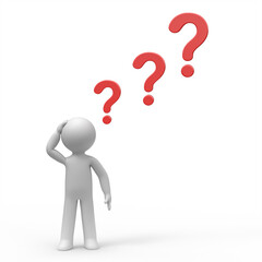 3d man thinking with red question marks.