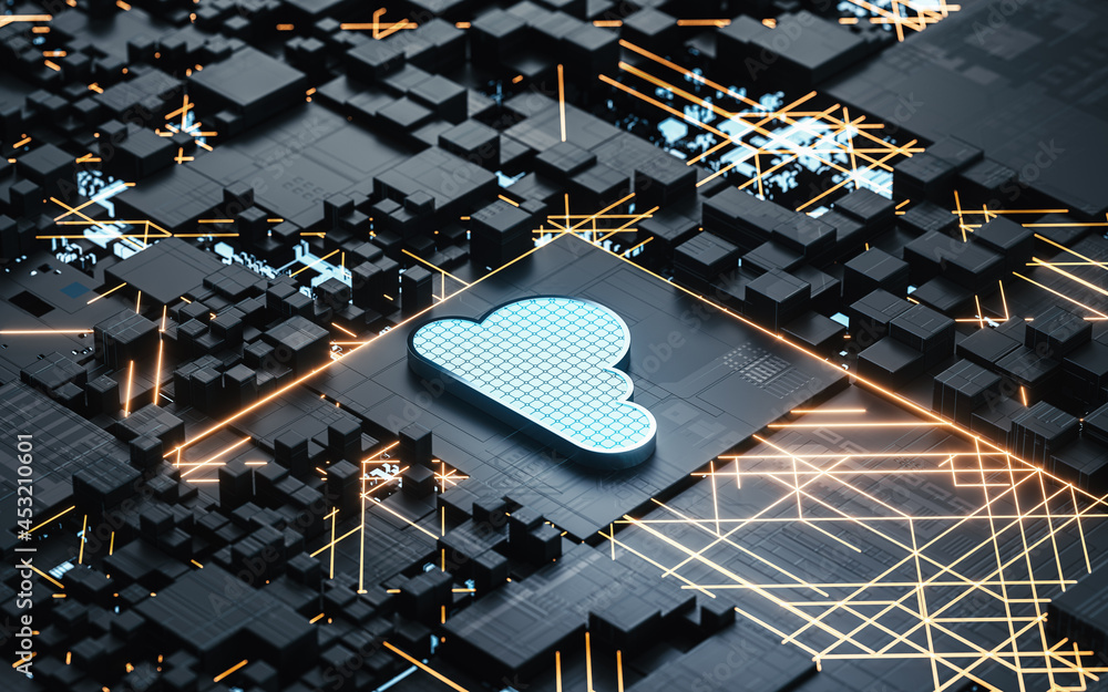 Aufkleber circuit and cloud computing, subject of science and technology, 3d rendering.
