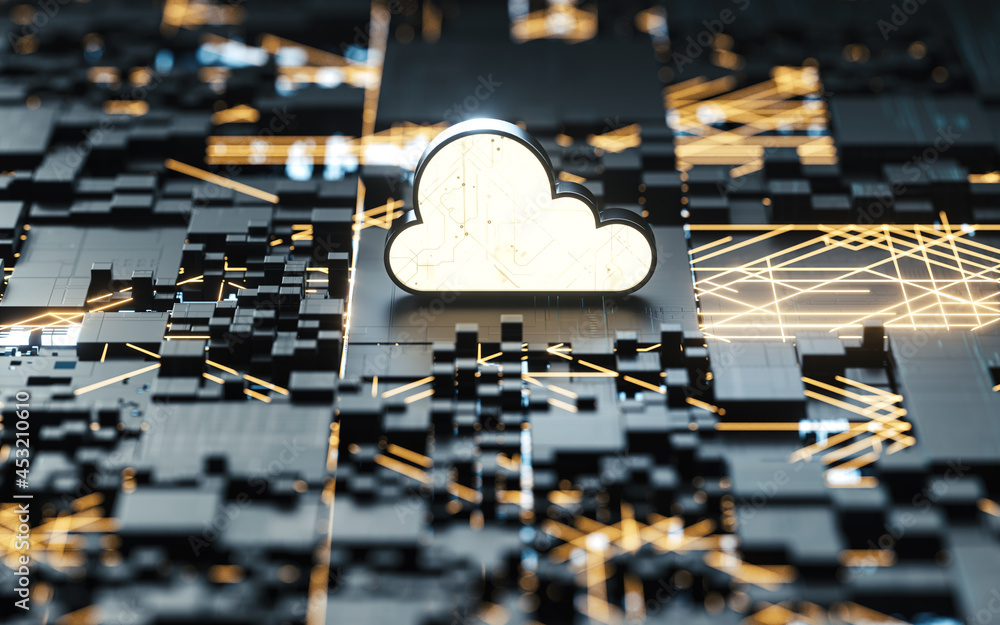 Aufkleber circuit and cloud computing, subject of science and technology, 3d rendering.