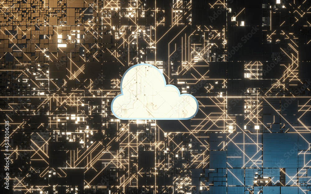 Aufkleber circuit and cloud computing, subject of science and technology, 3d rendering.