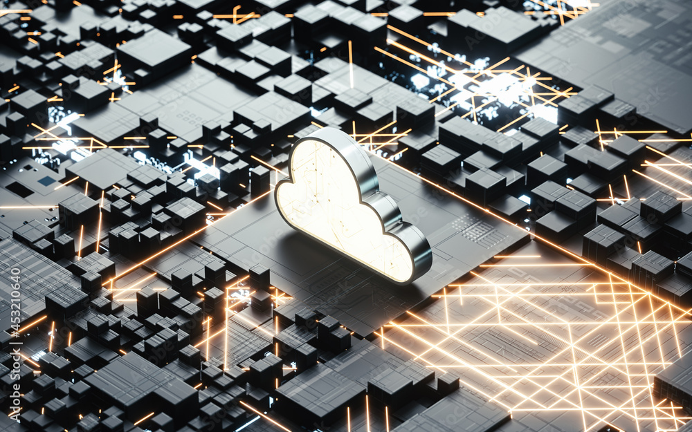 Aufkleber circuit and cloud computing, subject of science and technology, 3d rendering.