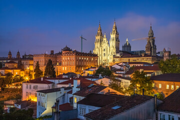 Fototapeta premium Evening Sunset View of Buildings in Santiago de Compostela Old Historic Center and the UNESCO World Heritage Cathedral on the Way of St James Pilgrim Trail Camino de Santiago