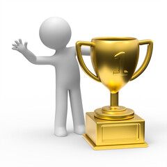 3D Man waving from behind Gold Trophy