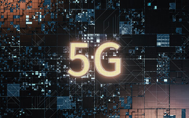 5G communication technology with black background, 3d rendering.