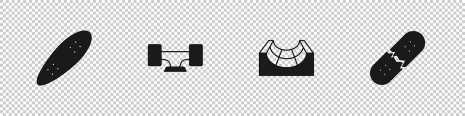 Set Longboard or skateboard, Skateboard wheel, park and Broken deck icon. Vector