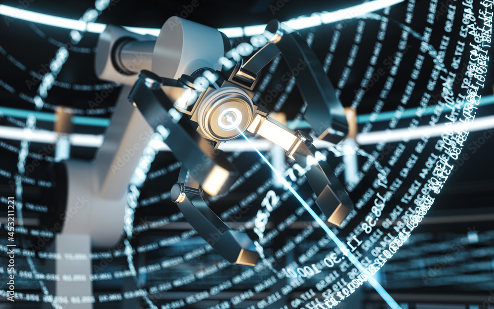 Poster digital information and mechanical arm in a round room, 3d rendering.