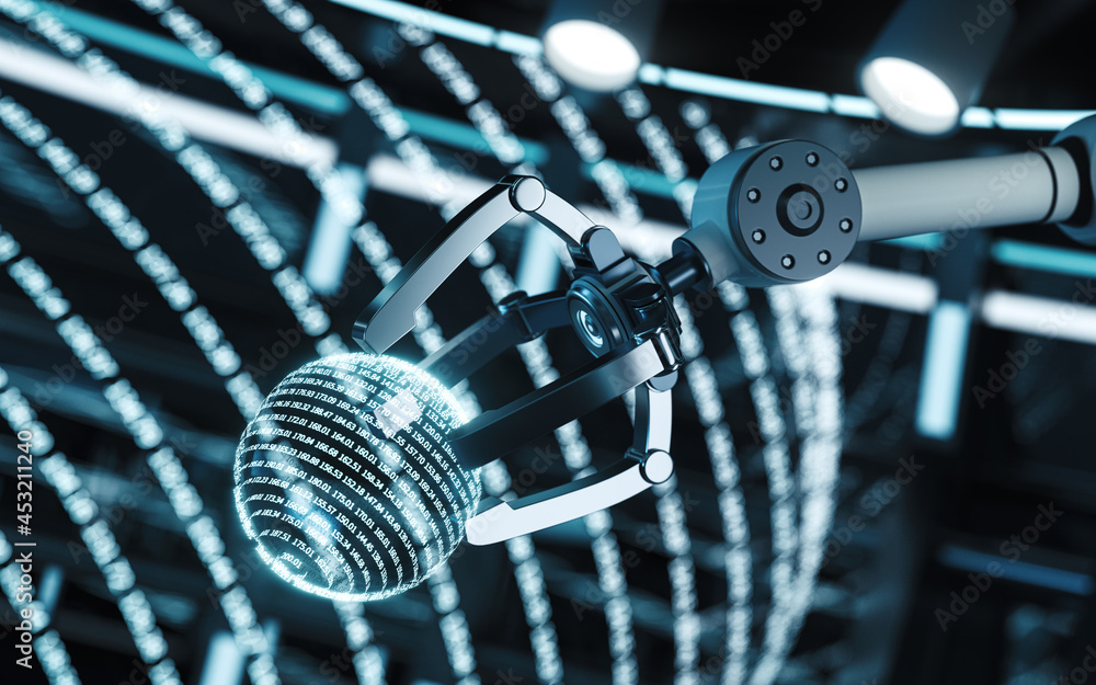 Aufkleber digital information and mechanical arm in a round room, 3d rendering.