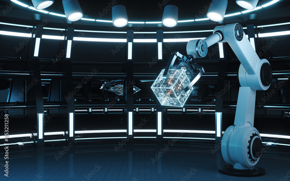 Poster mechanical arm and cube in a round room, 3d rendering.