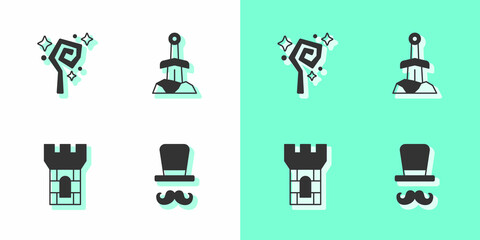 Set Magician, staff, Castle tower and Sword in the stone icon. Vector