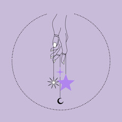 Kobieca dłoń w subtelnym geście, księżyc, gwiazdy i słońce. Ezoteryczne elementy do wykorzystania na kartki z życzeniami, walentynki, spa, biżuteria, logo. Mistyczny design.