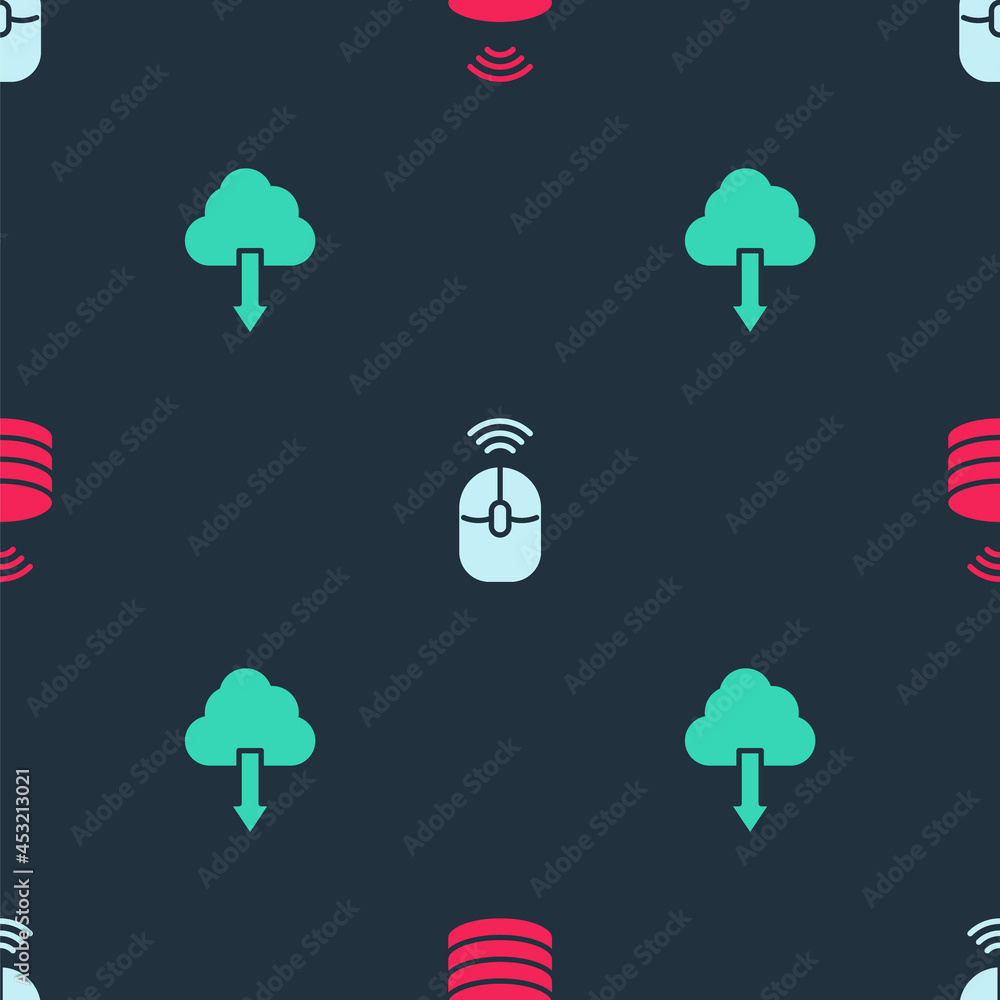 Poster set smart data server, wireless computer mouse and cloud download on seamless pattern. vector