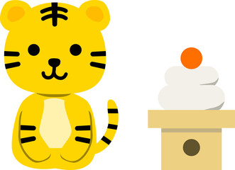 正座をしているトラと鏡餅