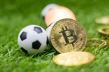 Bitcoin and Soccer ball are on green grass . soccer club to accept new sponsorship deal in Bitcoin.