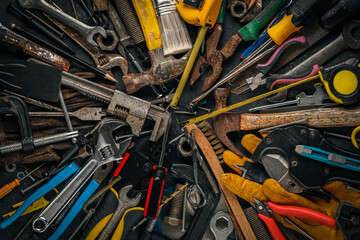 Collection of old and worn work tools. Home improvement, Father's day, or Labor day concept.