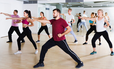 Fototapeta na wymiar active men and ladies dancing aerobics at lesson in the dance class