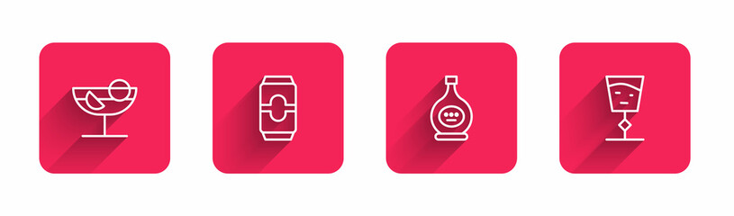 Set line Cocktail, Beer can, Bottle of cognac or brandy and Wine glass with long shadow. Red square button. Vector