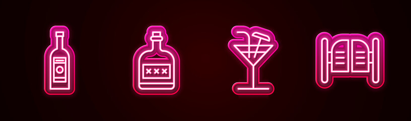 Set line Glass bottle of vodka, Alcohol drink Rum, Cocktail and Saloon door. Glowing neon icon. Vector