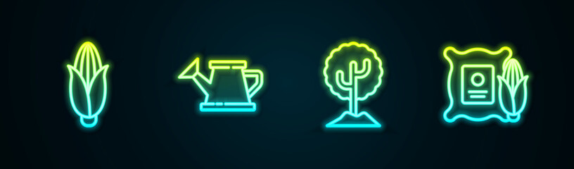 Set line Corn, Watering can, Tree and the sack. Glowing neon icon. Vector