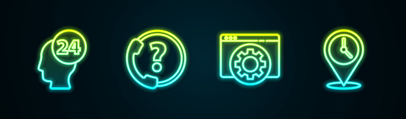 Set line Support operator in touch, Telephone 24 hours support, Browser setting and Location with clock. Glowing neon icon. Vector