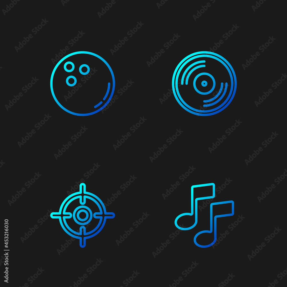 Canvas Prints Set line Music note, tone, Target sport, Bowling ball and Vinyl disk. Gradient color icons. Vector