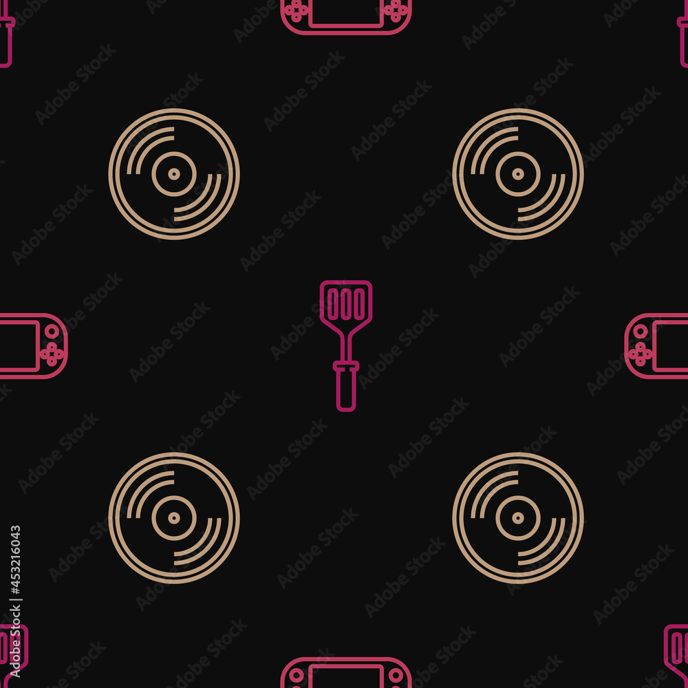 Poster set line portable video game console, vinyl disk and spatula on seamless pattern. vector