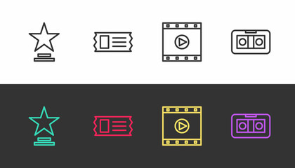 Set line Movie trophy, Cinema ticket, Play Video and VHS video cassette tape on black and white. Vector