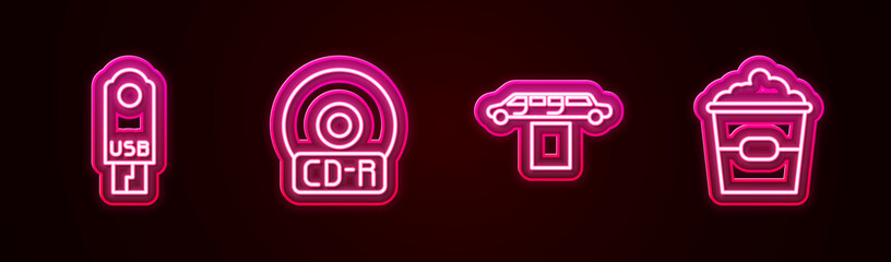 Set line USB flash drive, CD or DVD disk, Limousine car and carpet and Popcorn box. Glowing neon icon. Vector