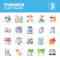 Icons Set of finance, flat color style, Contains such of ecommerce, infographic, marketing, achievement, investor, analysis, piggy bank, insurance and more, you can use for web, app and more