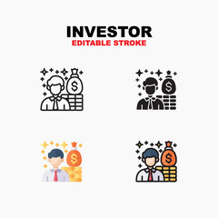 Outline, glyph solid black, flat color and filled outline color, icon symbol set, investor concept, Isolated vector design, editable stroke