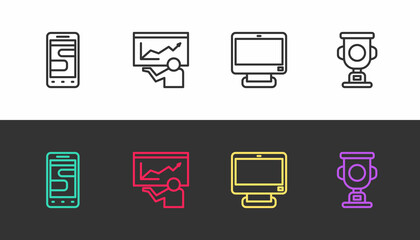 Set line Chat messages on phone, Training, presentation, Computer monitor and Award cup on black and white. Vector