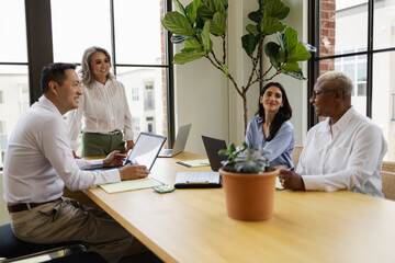 Mature Chinese business woman leads team meeting