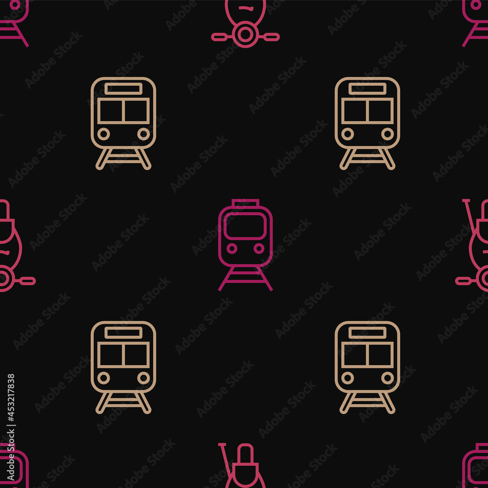 Poster set line scooter, train and railway and on seamless pattern. vector
